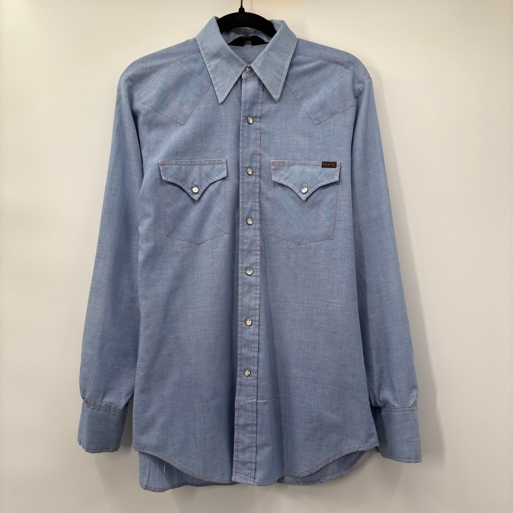 Vintage 60s Sears Roebucks Western Pearl Snap Shirt Blue Chambray Mens Medium